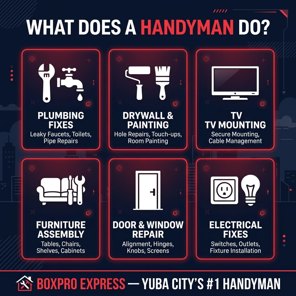 Infographic showing all handyman services offered by Boxpro Express in Yuba City California