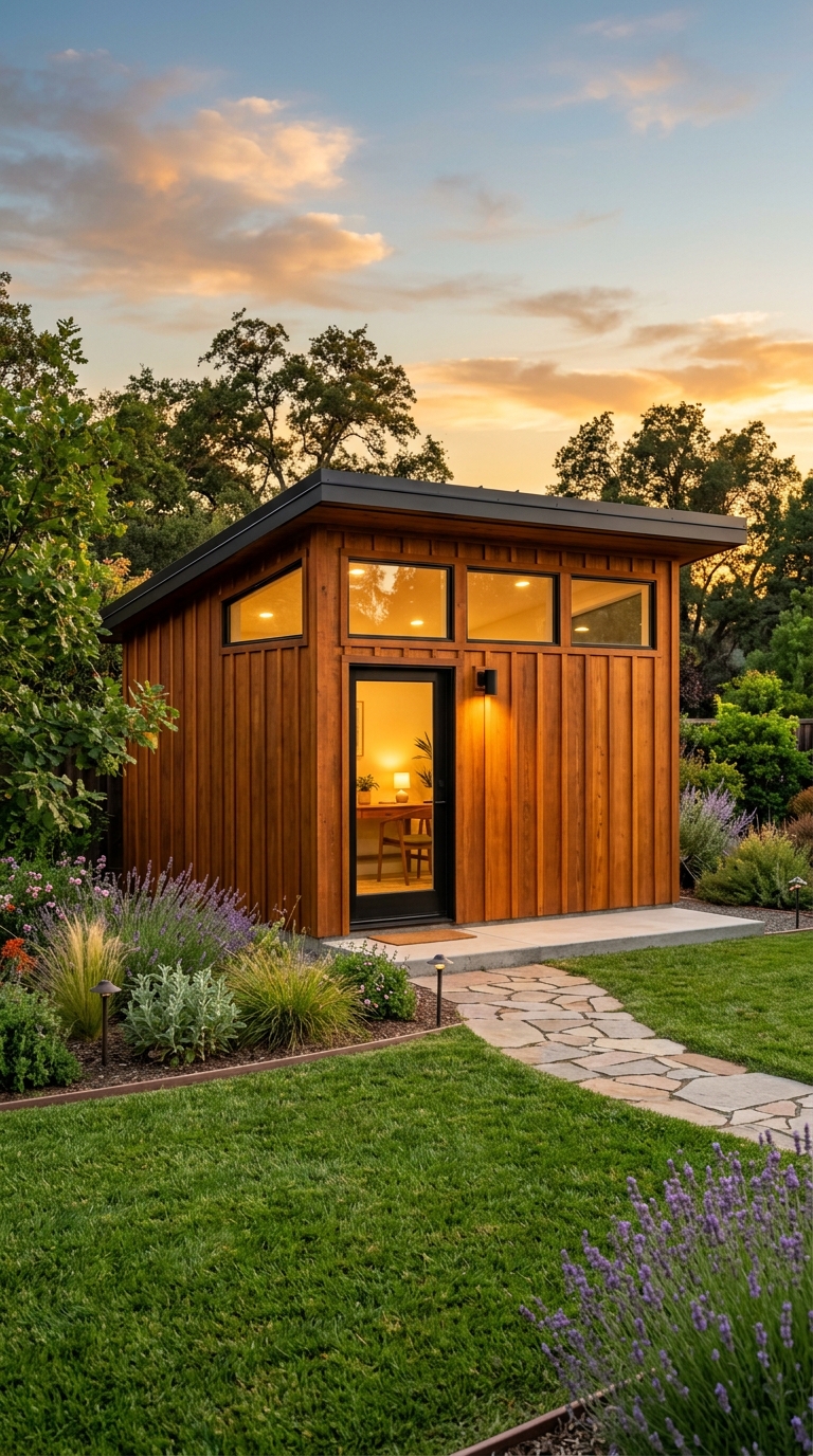 The Sutter Studio 10x12 modern monoslope backyard office shed at sunset in Yuba City California