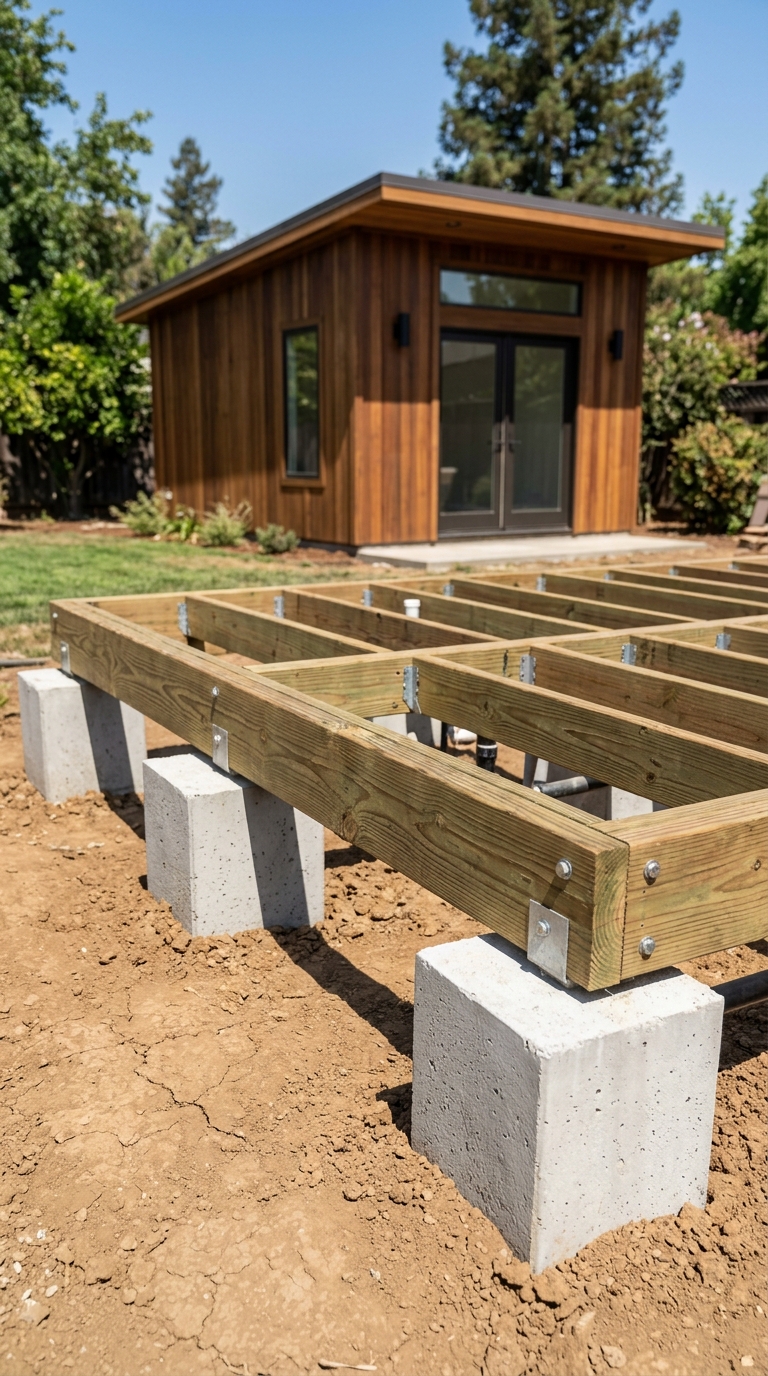 Level concrete pier foundation blocks and pressure treated floor joists for Yuba City clay soil