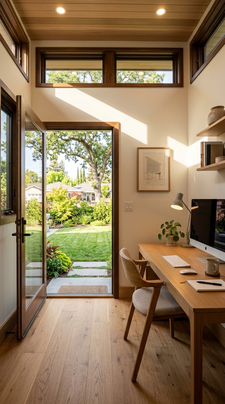 Inside The Sutter Studio finished modern backyard office with oak flooring and transom windows