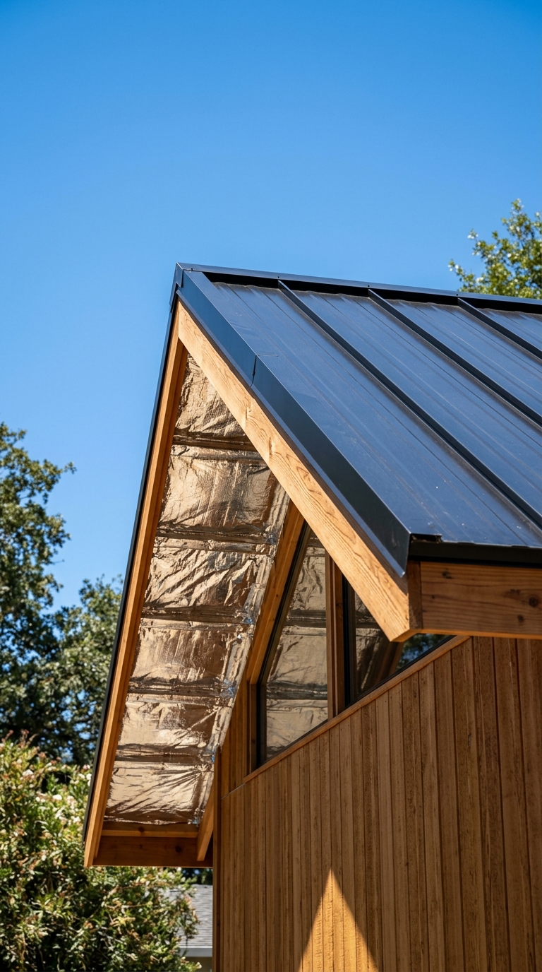 Commercial 26 gauge standing seam metal monoslope roof with radiant barrier heat defense