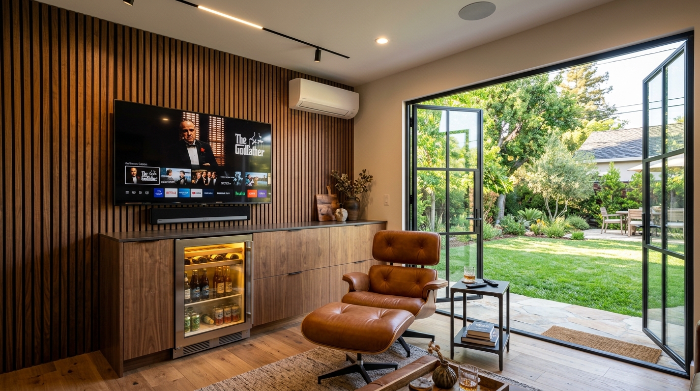 Executive Lounge Angle with Mid-Century Leather Lounger, Mini-Split HVAC, Honey Oak Floors and Patio Doors
